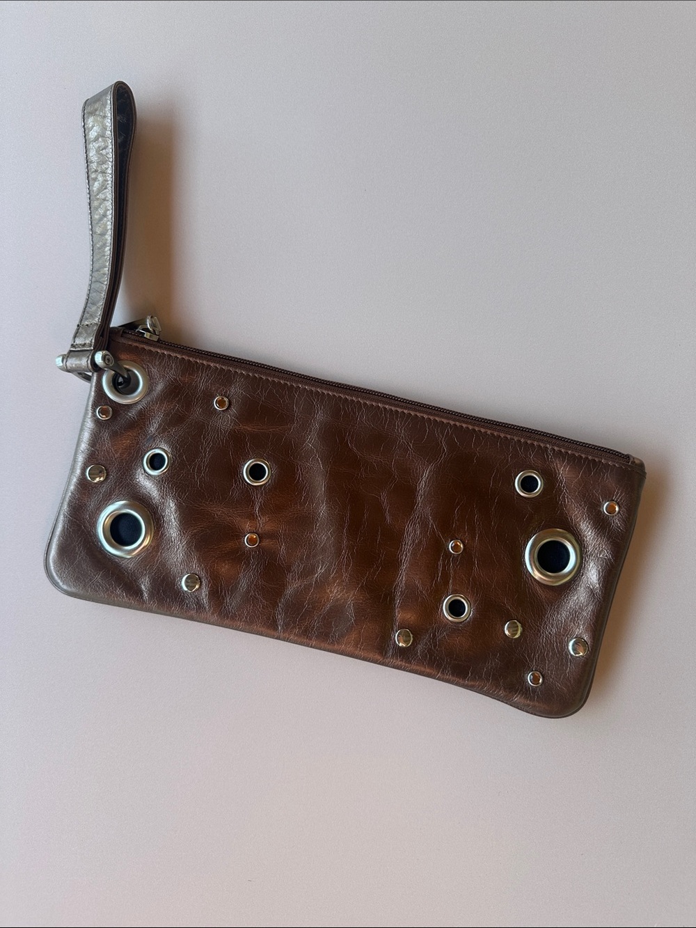 HOBO Brown bronze Leather Wristlet Clutch with Grommet Accents